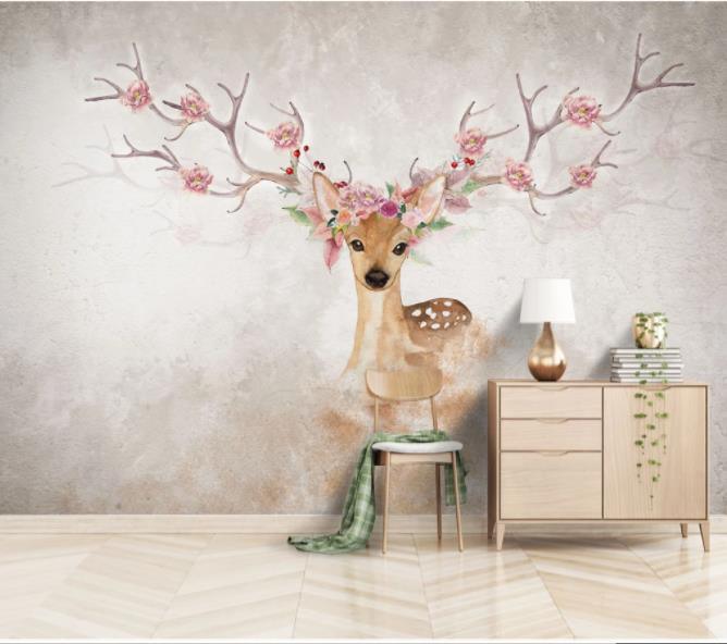 3D Hand Painted Elk Flowers Wall Mural Wallpaper 133- Jess Art Decoration