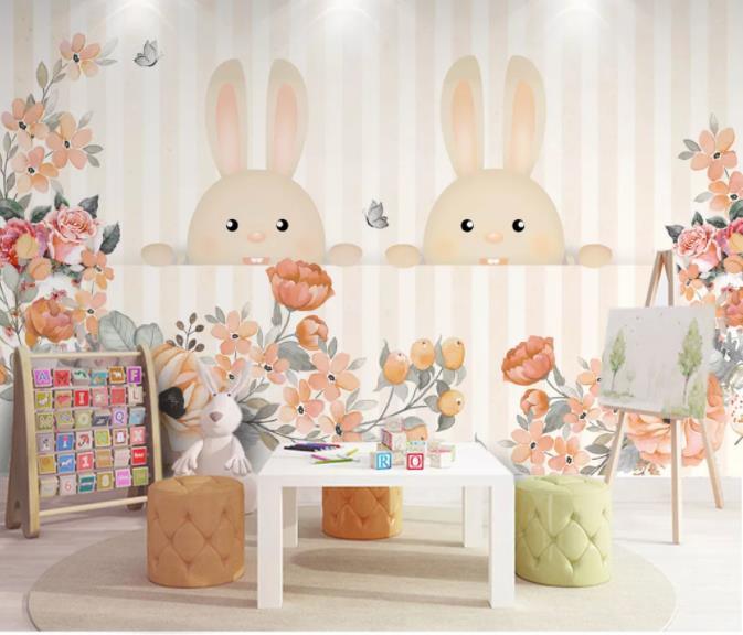 3D Cartoon Rabbit Flower Wall Mural Wallpaper 148- Jess Art Decoration