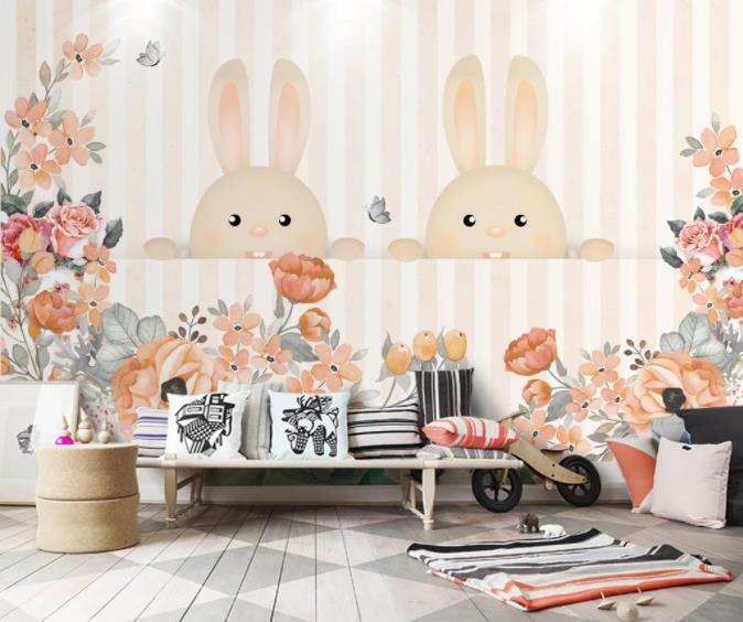 3D Cartoon Rabbit Flower Wall Mural Wallpaper 148- Jess Art Decoration