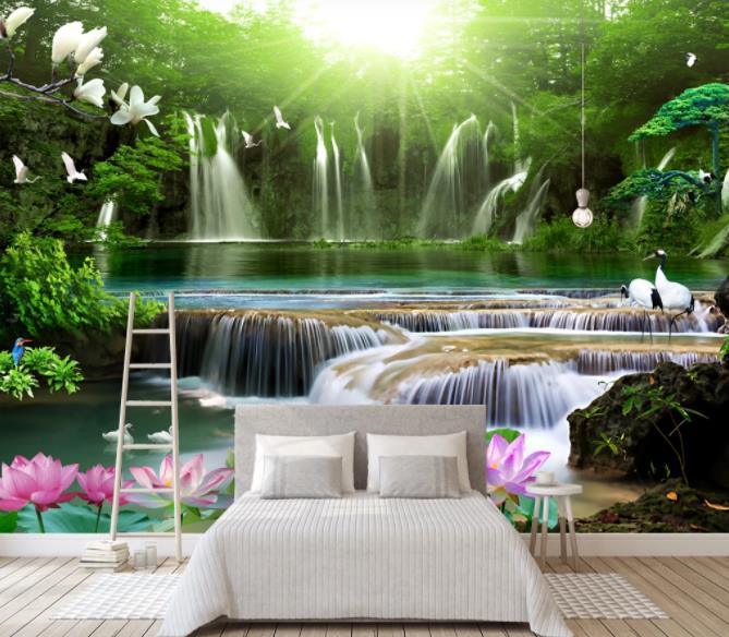 3D Green Forest Waterfall Landscape Wall Mural Wallpaper 32- Jess Art Decoration