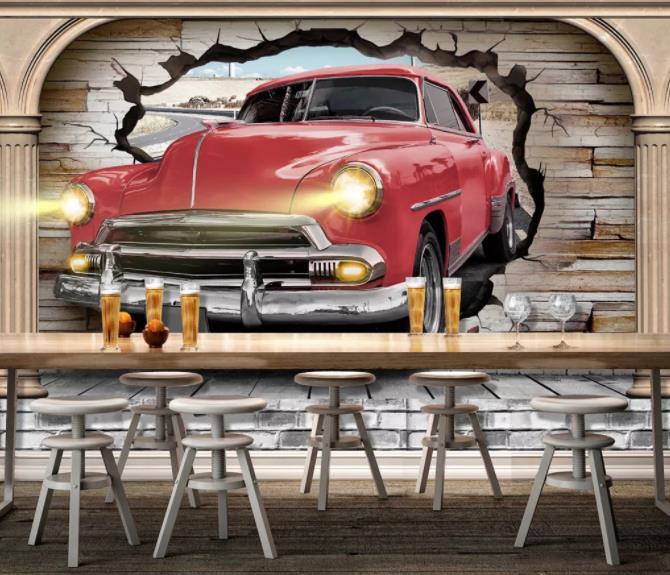 3D Red Car Broken Brick Wall Mural Wallpaper 52- Jess Art Decoration