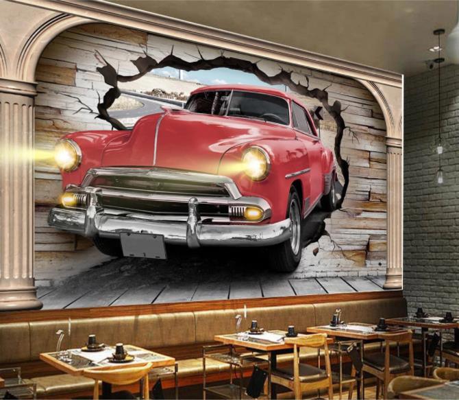 3D Red Car Broken Brick Wall Mural Wallpaper 52- Jess Art Decoration