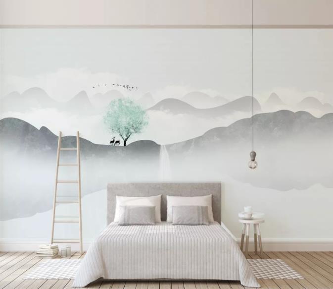 3D Grey Mountain Tree Wall Mural Wallpaper 62- Jess Art Decoration