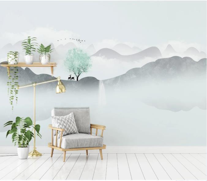 3D Grey Mountain Tree Wall Mural Wallpaper 62- Jess Art Decoration