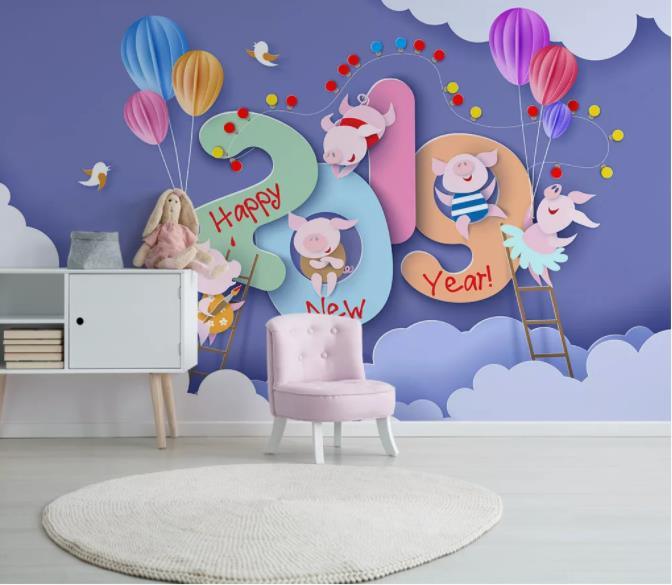 3D Cartoon Pig Balloon Wall Mural Wallpaper 73- Jess Art Decoration