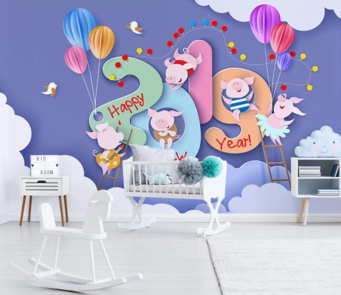 3D Cartoon Pig Balloon Wall Mural Wallpaper 73- Jess Art Decoration