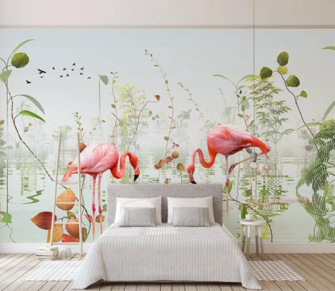 3D Pond Flamingo Leaves Wall Mural Wallpaper 112- Jess Art Decoration