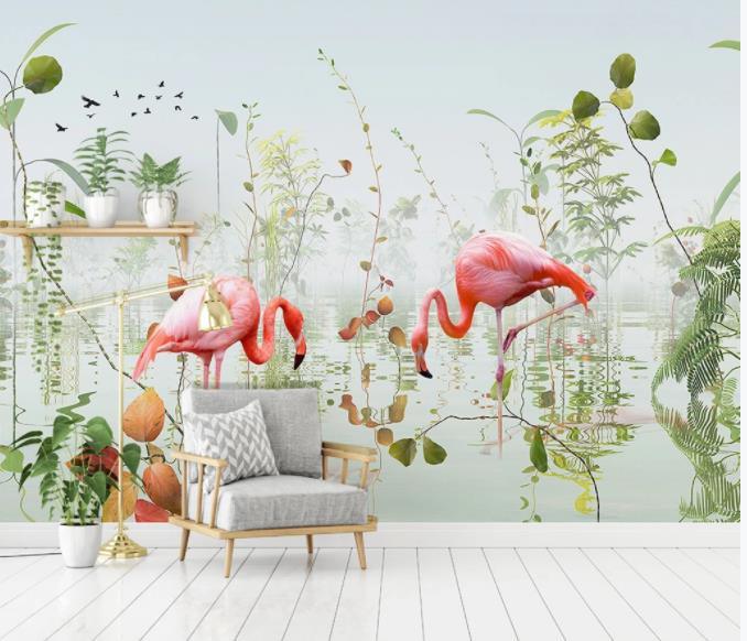 3D Pond Flamingo Leaves Wall Mural Wallpaper 112- Jess Art Decoration