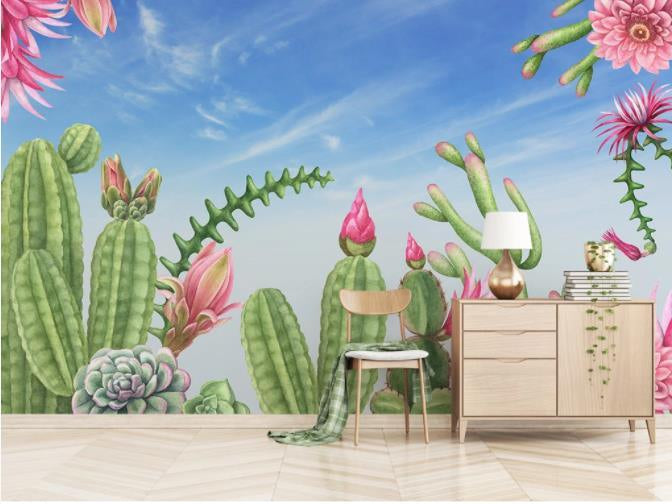 3D Hand Painted Flower Cactus Wall Mural Wallpaper 6- Jess Art Decoration