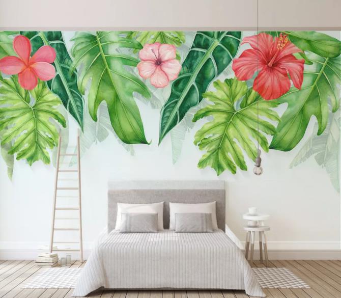 3D Hand Painted Green Leaves Flowers Wall Mural Wallpaper 28- Jess Art Decoration