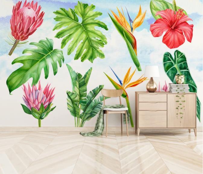 3D Hand Painted Flowers Green Leaves Wall Mural Wallpaper 33- Jess Art Decoration
