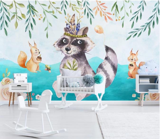 3D Cartoon Raccoon Leaf Wall Mural Wallpaper 37- Jess Art Decoration