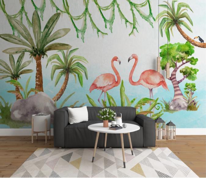 3D Hand Painted Flamingos Green Plants Wall Mural Wallpaper 41- Jess Art Decoration