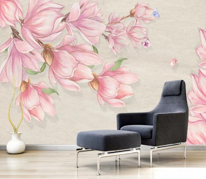3D Hand Painted Pink Magnolia Wall Mural Wallpaper 75- Jess Art Decoration