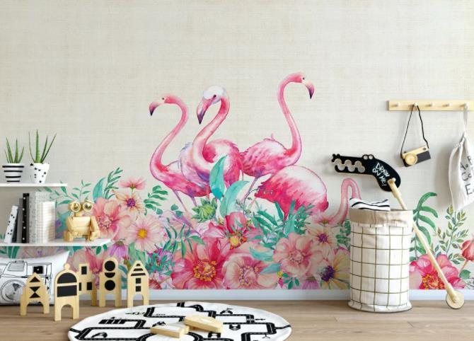3D Pink Flamingo Flower Wall Mural Wallpaper 93- Jess Art Decoration