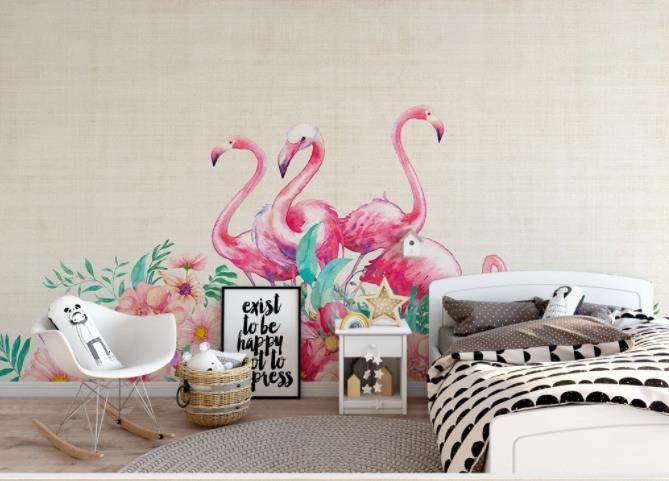 3D Pink Flamingo Flower Wall Mural Wallpaper 93- Jess Art Decoration