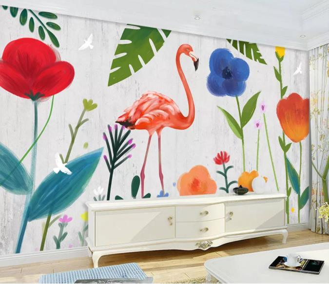 3D Hand Painted Flamingo Flowers Wall Mural Wallpaper 136- Jess Art Decoration
