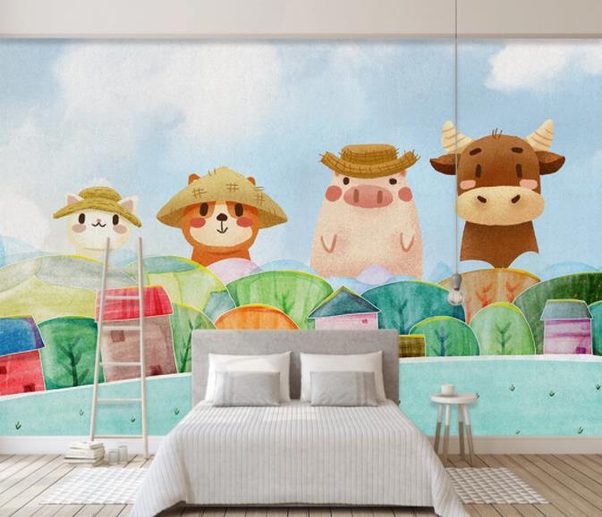 3D Cartoon Animal Tree Wall Mural Wallpaper 139- Jess Art Decoration