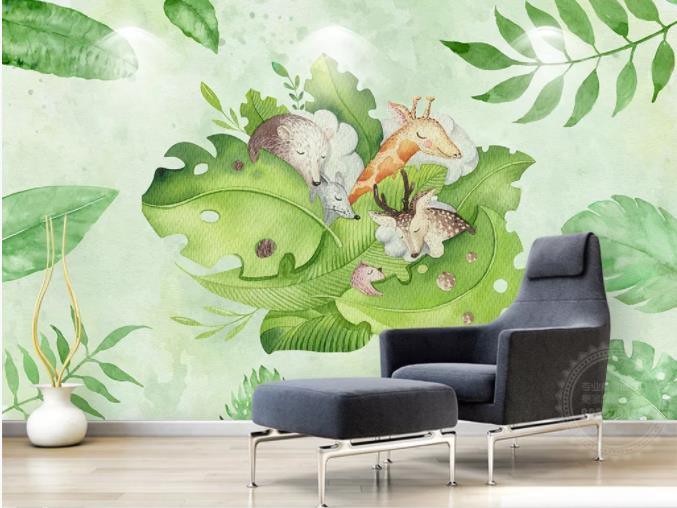 3D Hand Painted Leaf Animals Wall Mural Wallpaper 144- Jess Art Decoration