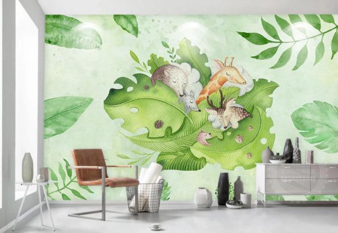 3D Hand Painted Leaf Animals Wall Mural Wallpaper 144- Jess Art Decoration