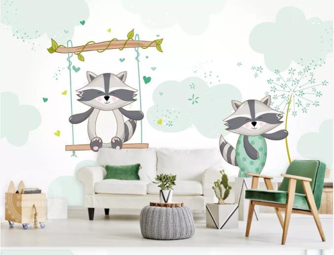 3D Cartoon Raccoon Green Wall Mural Wallpaper 153- Jess Art Decoration