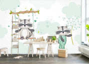 3D Cartoon Raccoon Green Wall Mural Wallpaper 153- Jess Art Decoration