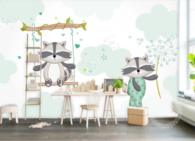 3D Cartoon Raccoon Green Wall Mural Wallpaper 153- Jess Art Decoration