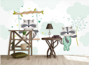 3D Cartoon Raccoon Green Wall Mural Wallpaper 153- Jess Art Decoration