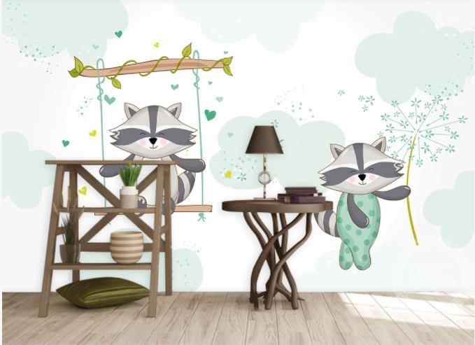 3D Cartoon Raccoon Green Wall Mural Wallpaper 153- Jess Art Decoration