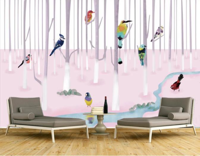 3D Cartoon Pink Forest Bird Wall Mural Wallpaper 226- Jess Art Decoration
