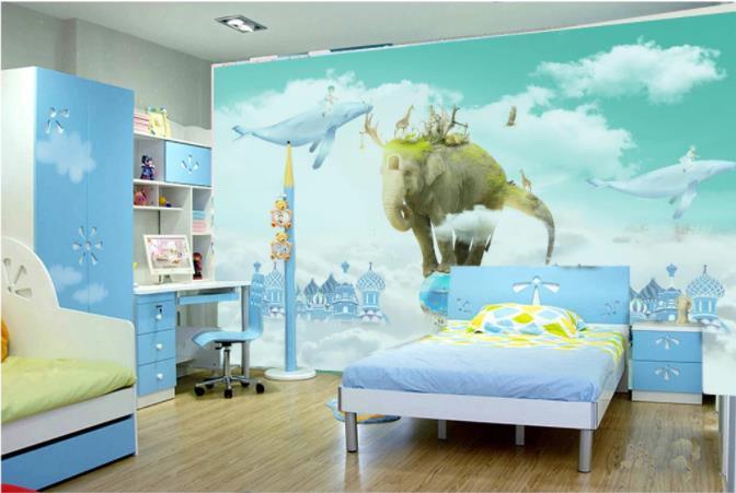 3D Cartoon Green Sky Elephant Wall Mural Wallpaper 227- Jess Art Decoration