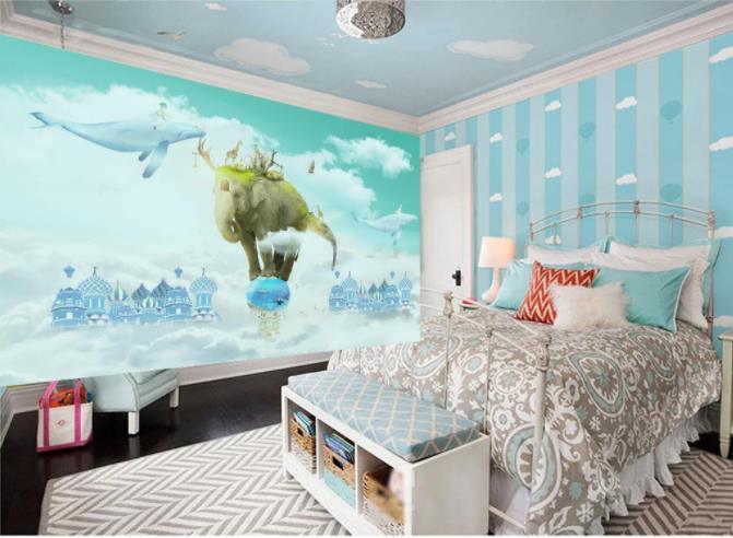 3D Cartoon Green Sky Elephant Wall Mural Wallpaper 227- Jess Art Decoration