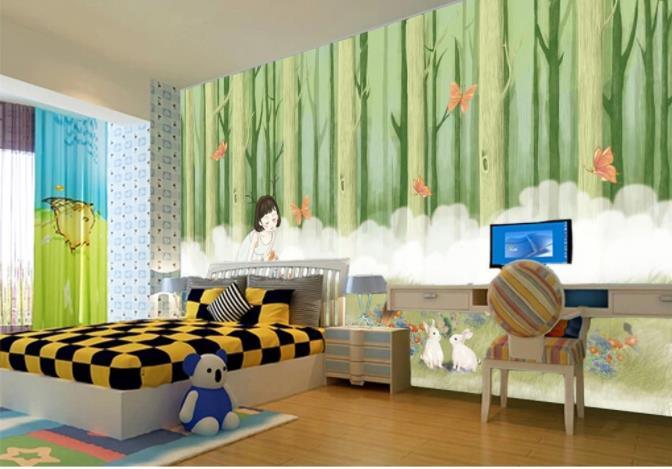 3D Cartoon Green Forest Girl Wall Mural Wallpaper 235- Jess Art Decoration