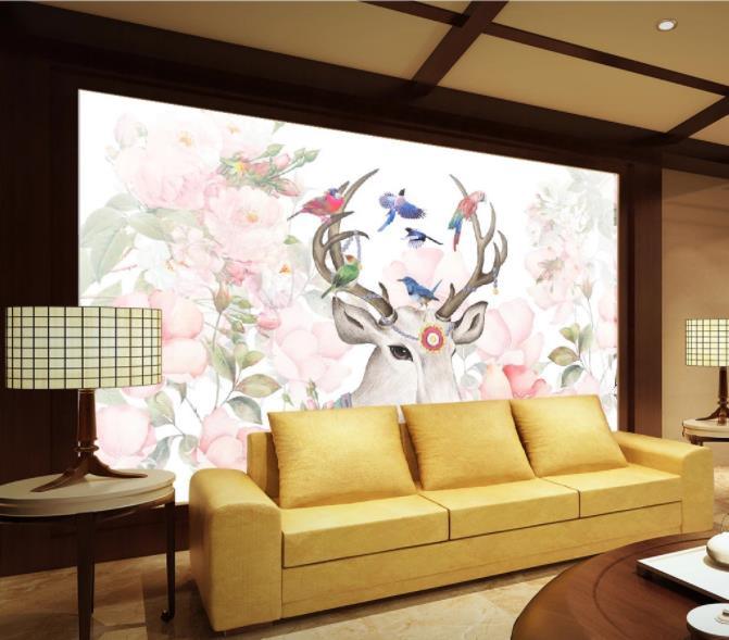 3D Hand Painted Elk Flowers Wall Mural Wallpaper 236- Jess Art Decoration