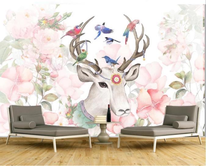 3D Hand Painted Elk Flowers Wall Mural Wallpaper 236- Jess Art Decoration
