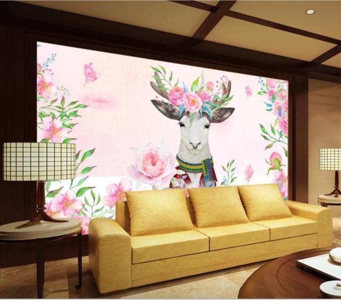 3D Hand Painted Elk Flowers Wall Mural Wallpaper 244- Jess Art Decoration