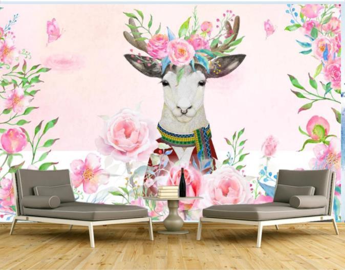 3D Hand Painted Elk Flowers Wall Mural Wallpaper 244- Jess Art Decoration