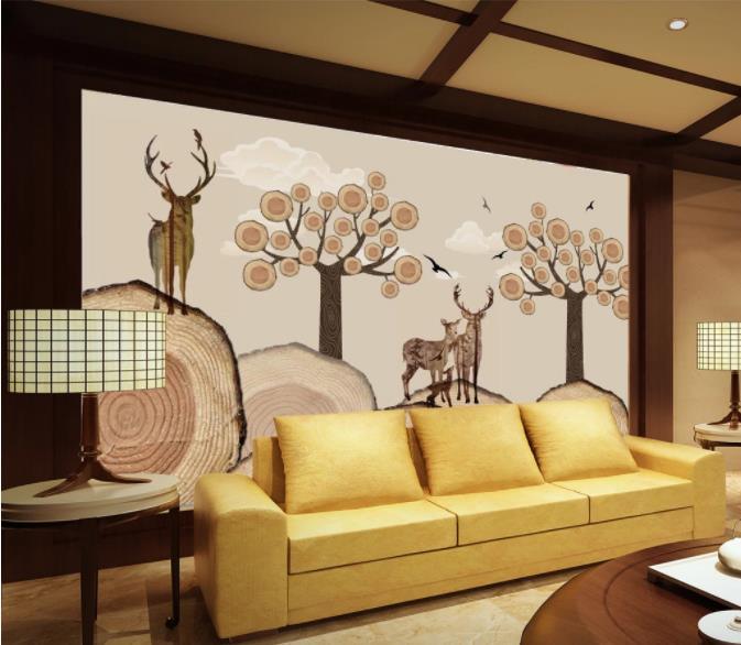 3D Brown Cartoon Tree Elk Wall Mural Wallpaper 3- Jess Art Decoration