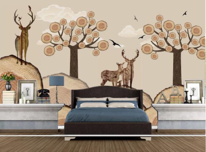 3D Brown Cartoon Tree Elk Wall Mural Wallpaper 3- Jess Art Decoration
