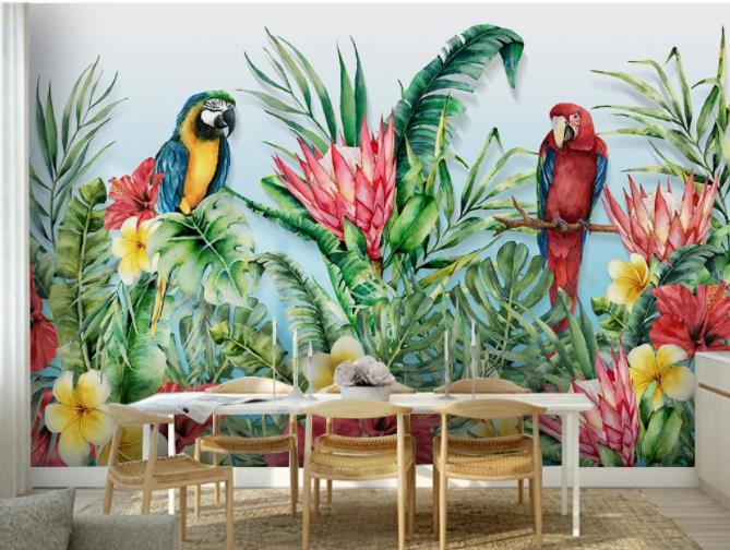 3D Parrot Tropical Green Plant Wall Mural Wallpaper 46- Jess Art Decoration