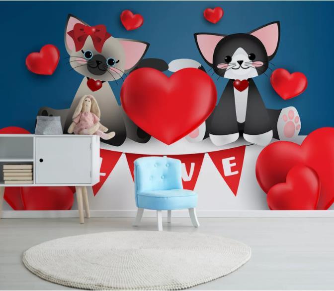 3D Cartoon Cat Love Wall Mural Wallpaper 75- Jess Art Decoration