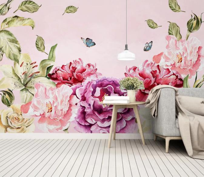 3D Hand Painted Pink Flowers Wall Mural Wallpaper 205- Jess Art Decoration