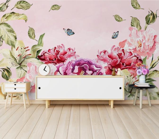 3D Hand Painted Pink Flowers Wall Mural Wallpaper 205- Jess Art Decoration