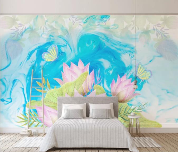 3D Hand Painted Lotus Blue Wall Mural Wallpaper 209- Jess Art Decoration