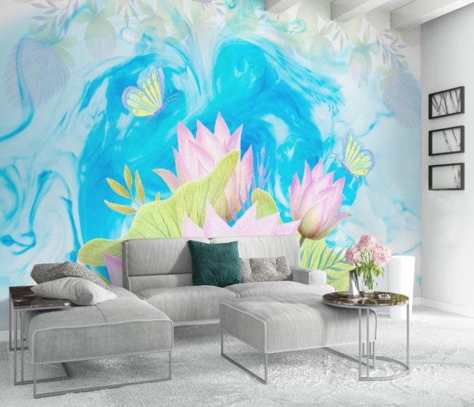 3D Hand Painted Lotus Blue Wall Mural Wallpaper 209- Jess Art Decoration