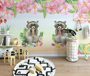 3D Cartoon Raccoon Flower Wall Mural Wallpaper 235- Jess Art Decoration