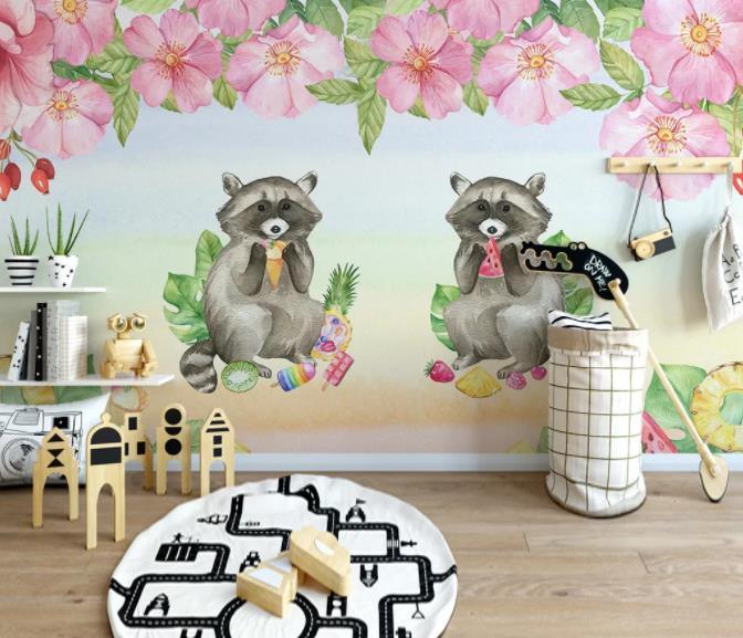 3D Cartoon Raccoon Flower Wall Mural Wallpaper 235- Jess Art Decoration