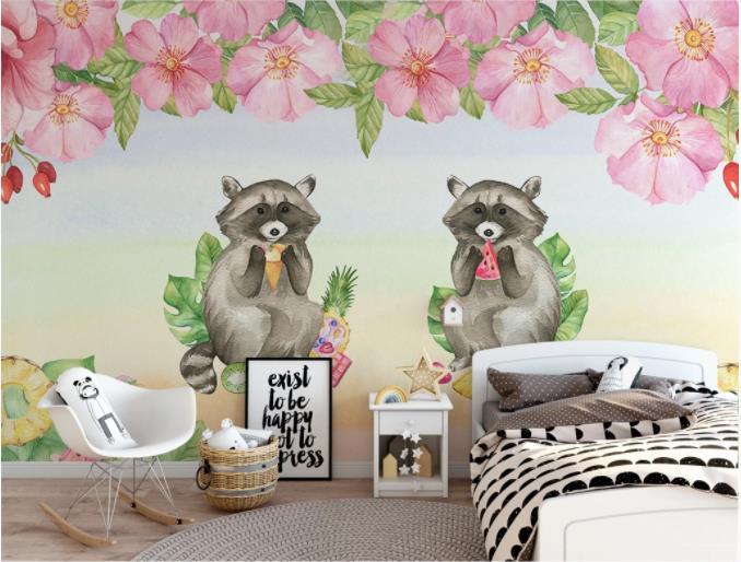 3D Cartoon Raccoon Flower Wall Mural Wallpaper 235- Jess Art Decoration