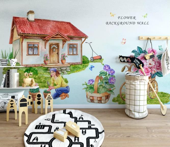 3D Cartoon House Flower Wall Mural Wallpaper 248- Jess Art Decoration
