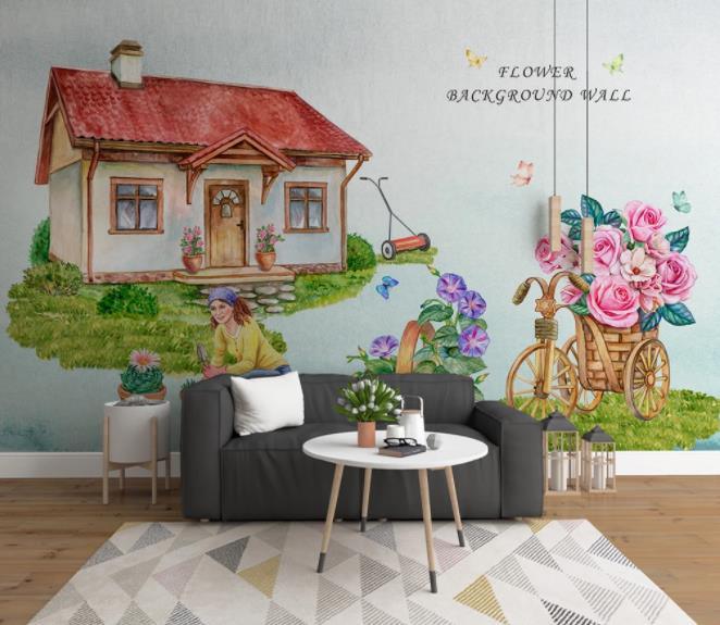 3D Cartoon House Flower Wall Mural Wallpaper 248- Jess Art Decoration